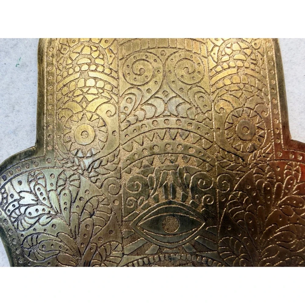 Vintage Etched Hamsa Hand Wall Hanging Plaque Evil Eye Protection Talisman